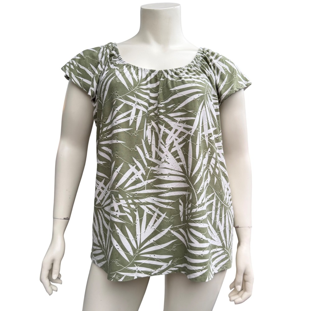Iyla Blouse Tropical Palm Eyelet Flutter Sleeve Resortwear Botanical Plus 2X